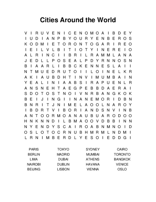 Cities Around the World Word Search Puzzle