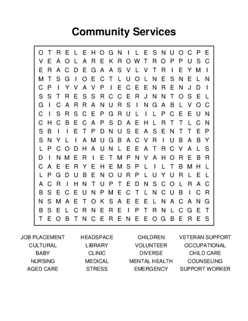 Community Services Word Search Puzzle