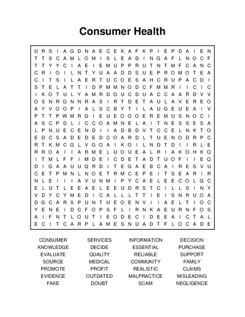 Consumer Health Word Search Puzzle