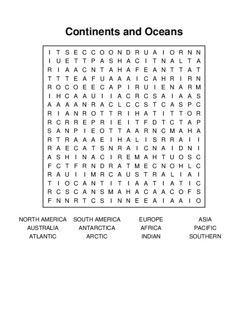 Continents and Oceans Word Search Puzzle