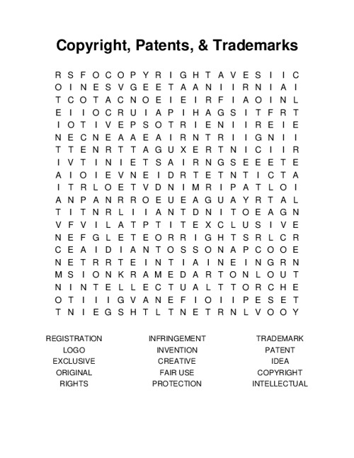 Copyright, Patents, & Trademarks Word Search Puzzle