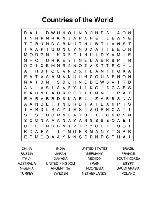 Countries of the World Word Search Puzzle