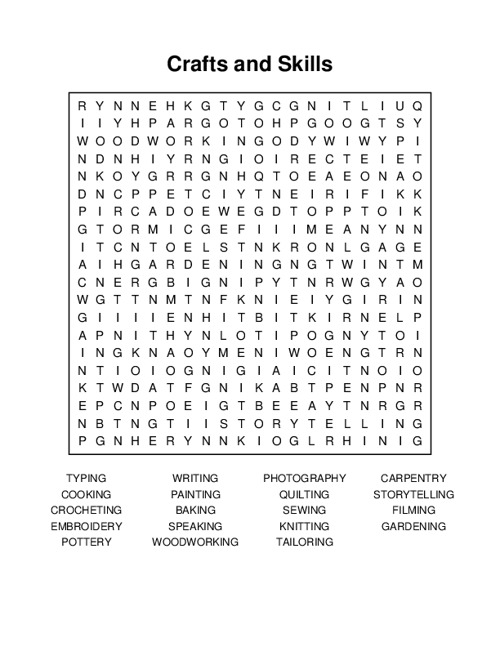 Crafts and Skills Word Search Puzzle