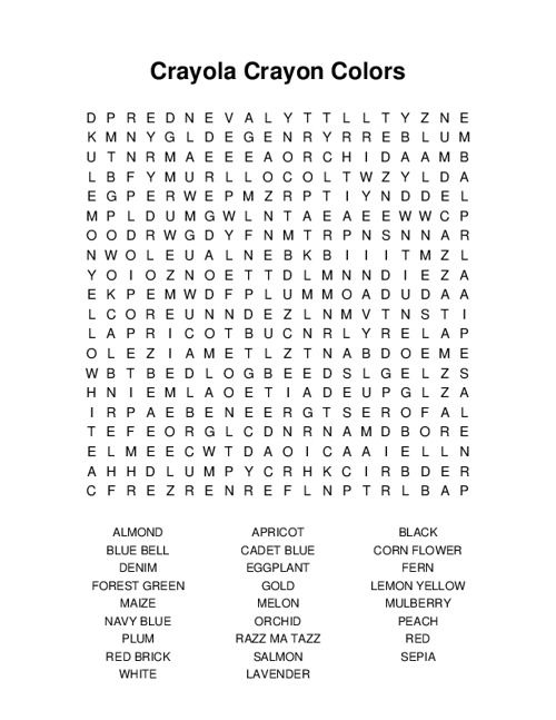 Crayola Crayon Colors Word Search Puzzle