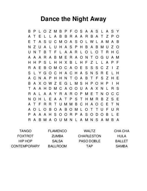 Dance the Night Away Word Search Puzzle