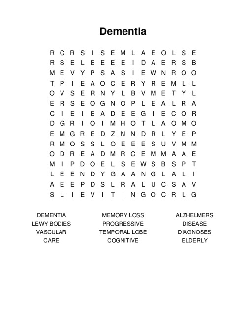 Dementia Word Search Puzzle