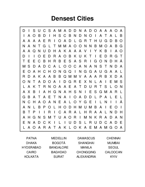 Densest Cities Word Search Puzzle