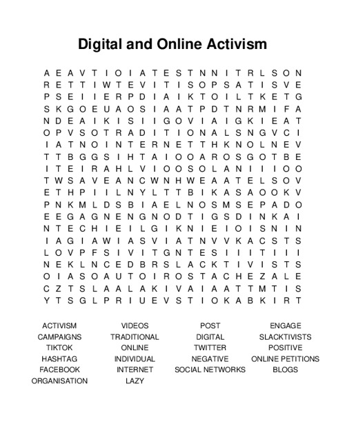 Digital and Online Activism Word Search Puzzle