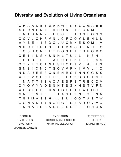 Diversity and Evolution of Living Organisms Word Search Puzzle