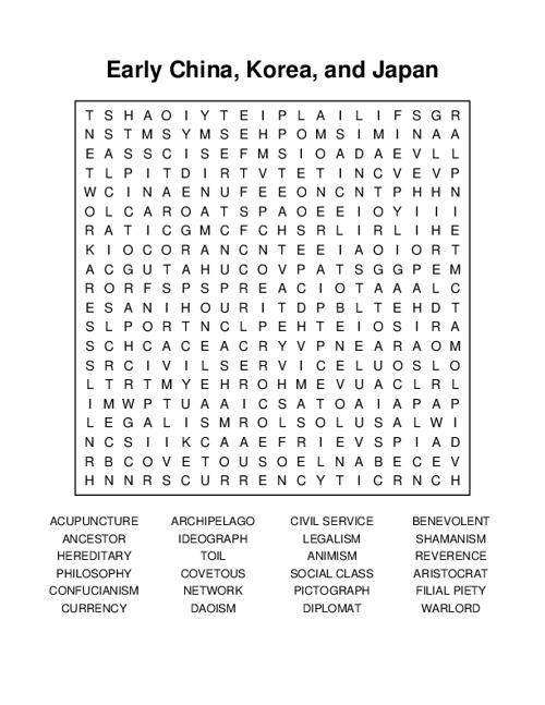 Early China, Korea, and Japan Word Search Puzzle