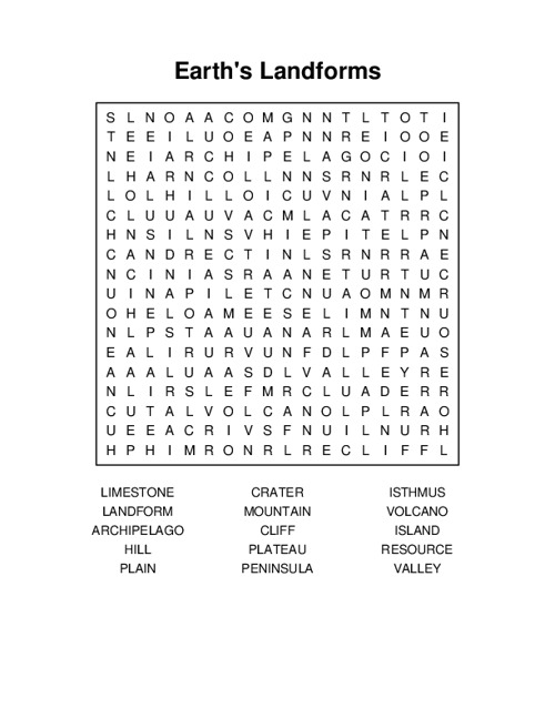 Earths Landforms Word Search Puzzle