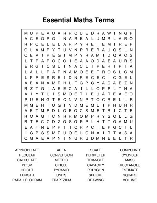 Essential Maths Terms Word Search Puzzle