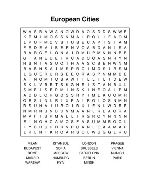 European Cities Word Search Puzzle