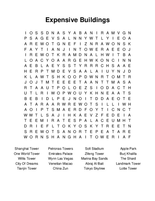 Expensive Buildings Word Search Puzzle