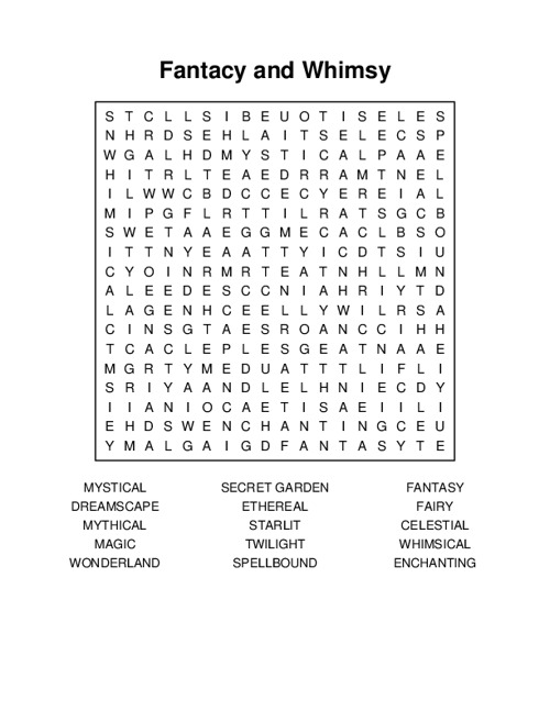 Fantacy and Whimsy Word Search Puzzle