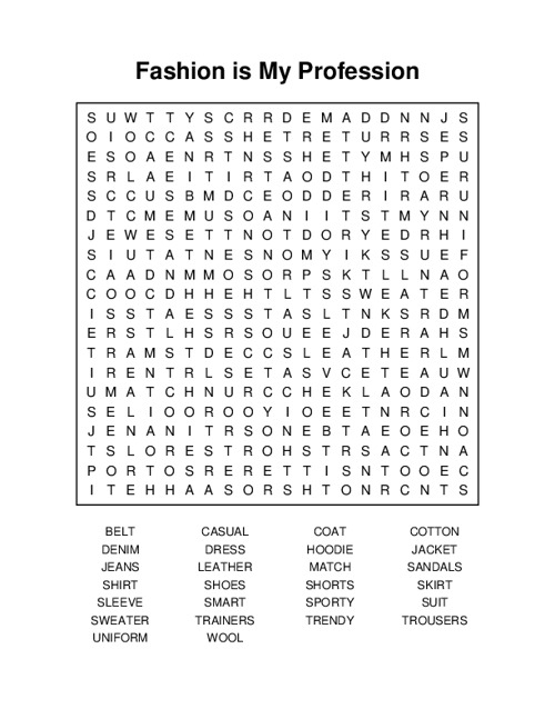 Fashion is My Profession Word Search Puzzle