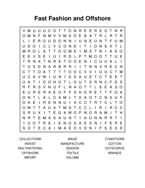 Fast Fashion and Offshore Production Word Search Puzzle