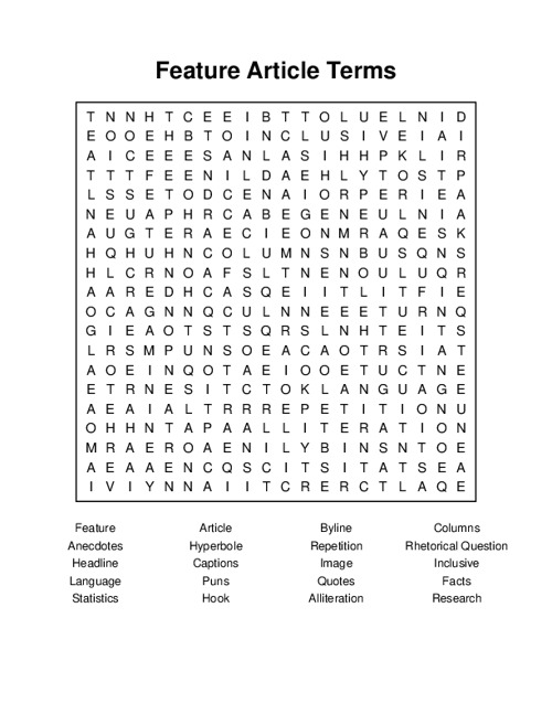 Feature Article Terms Word Search Puzzle