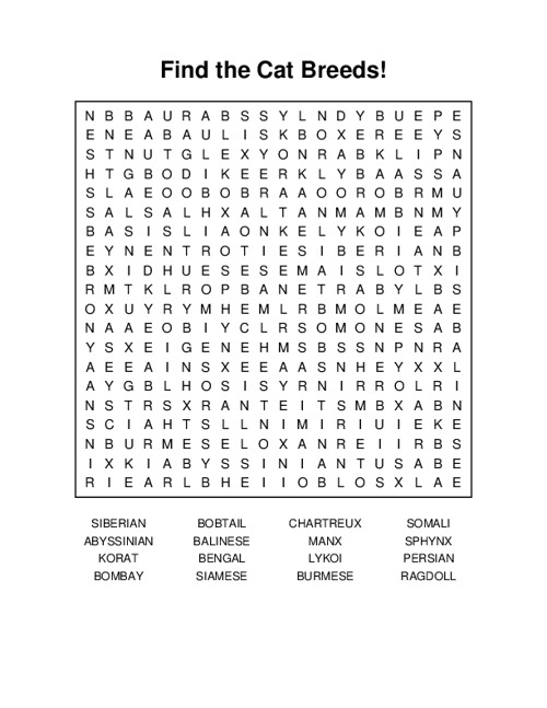 Find the Cat Breeds! Word Search Puzzle