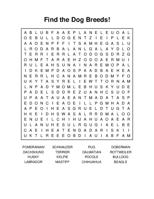 Find the Dog Breeds! Word Search Puzzle