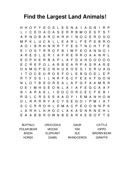 Find the Largest Land Animals! Word Search Puzzle