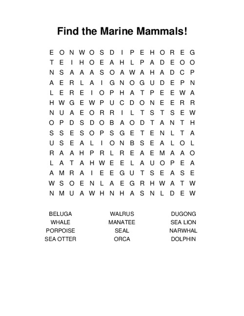 Find the Marine Mammals! Word Search Puzzle