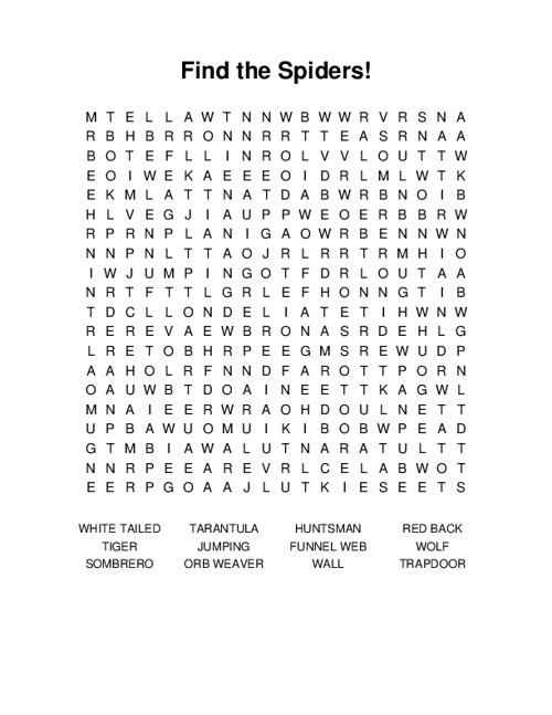 Find the Spiders! Word Search Puzzle