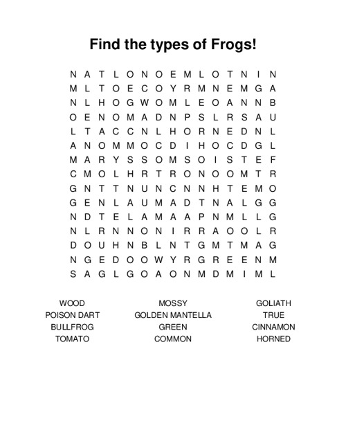 Find the types of Frogs! Word Search Puzzle