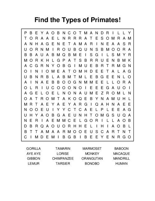 Find the Types of Primates! Word Search Puzzle