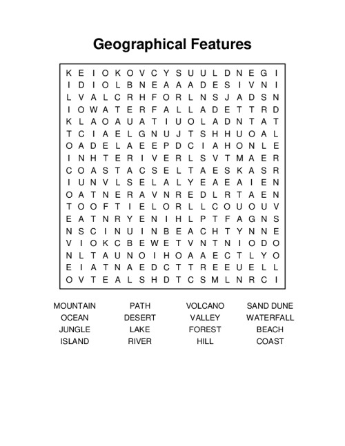 Geographical Features Word Search Puzzle