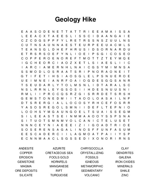 Geology Hike Word Search Puzzle