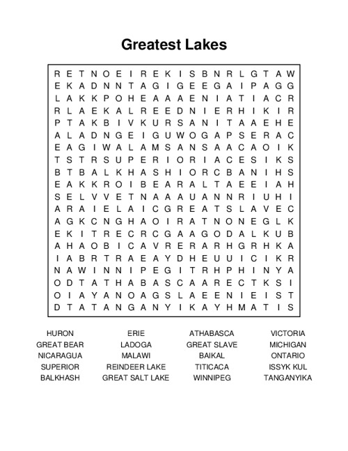 Greatest Lakes Word Search Puzzle