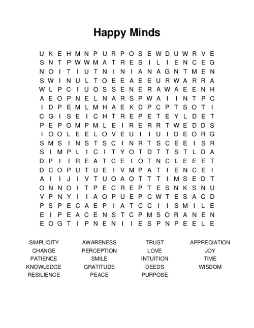 Happy Minds Word Search Puzzle