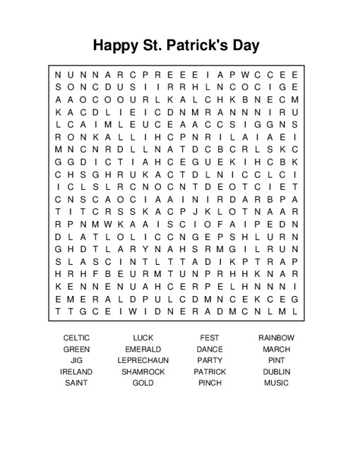 Happy St. Patricks Day Word Search Puzzle