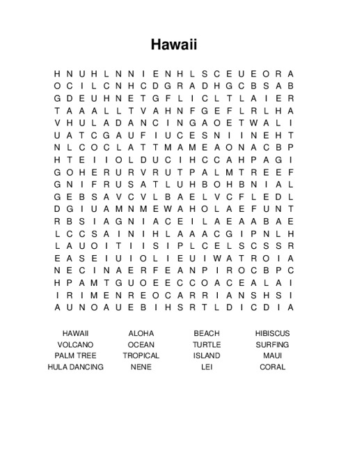 Hawaii Word Search Puzzle