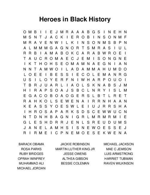 Heroes in Black History Word Search Puzzle