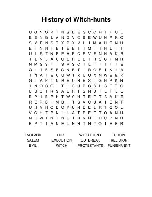 History of Witch-hunts Word Search Puzzle