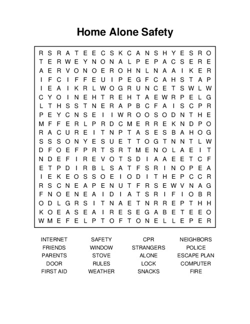 Home Alone Safety Word Search Puzzle