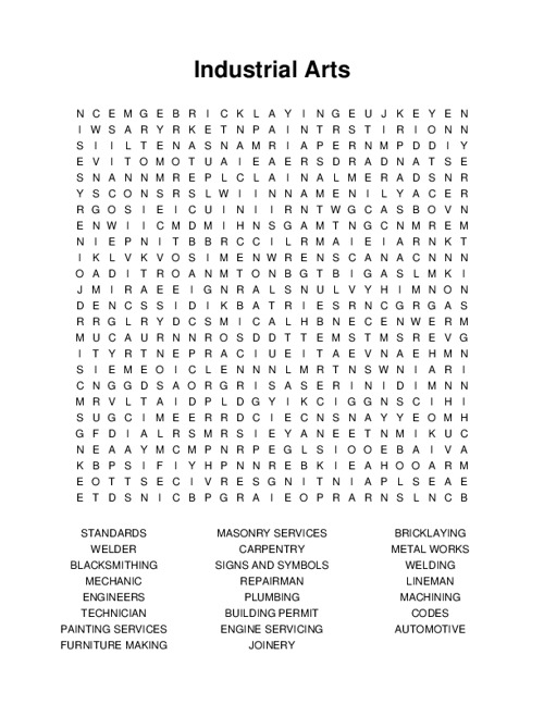 Industrial Arts Word Search Puzzle