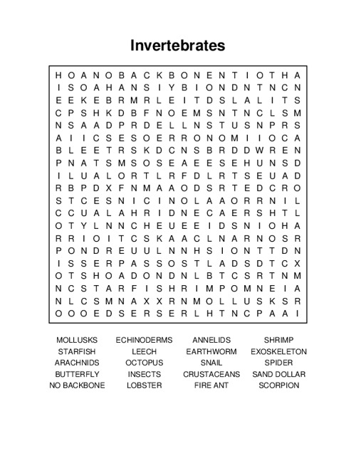 Invertebrates Word Search Puzzle