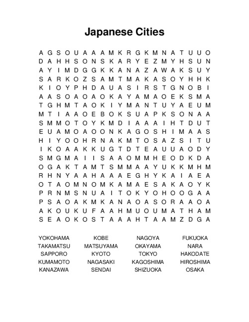 Japanese Cities Word Search Puzzle