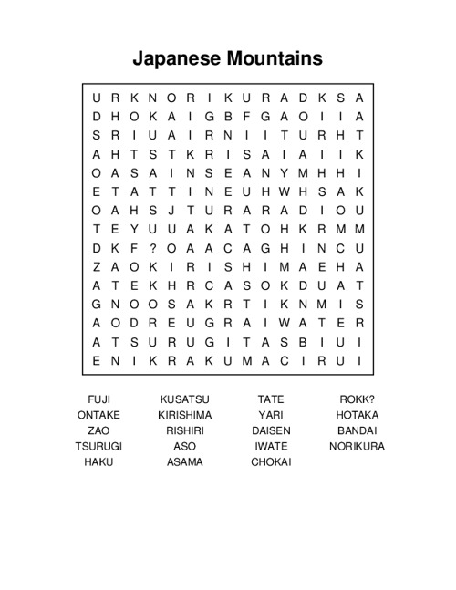 Japanese Mountains Word Search Puzzle