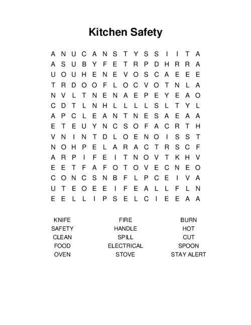 Kitchen Safety Word Search Puzzle