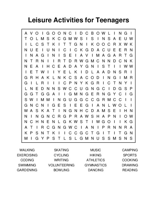 Leisure Activities for Teenagers Word Search Puzzle