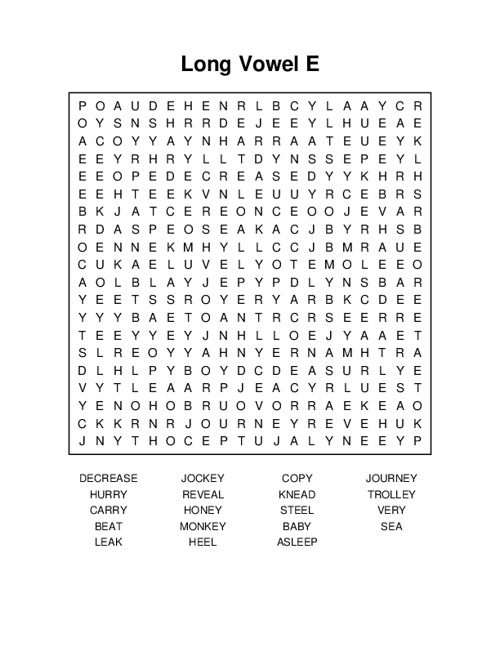 Long Vowel E Word Search Puzzle