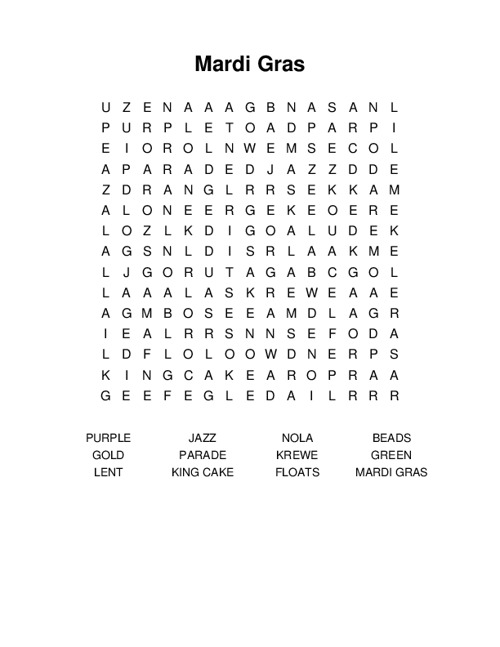 Mardi Gras Word Search Puzzle