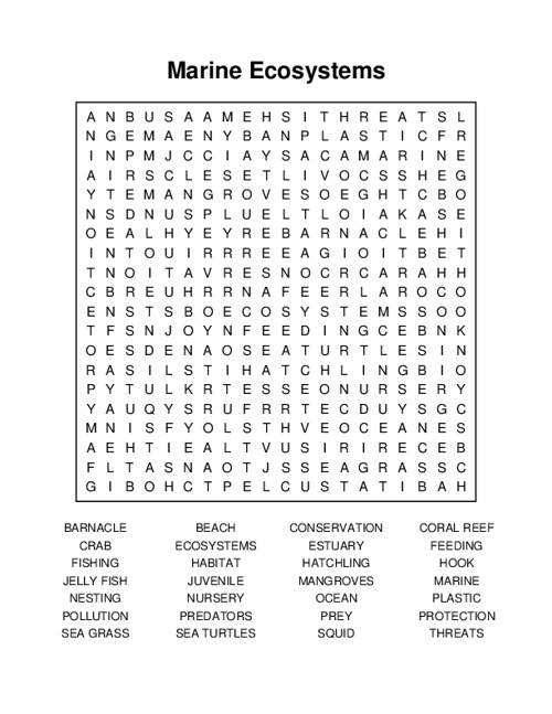 Marine Ecosystems Word Search Puzzle