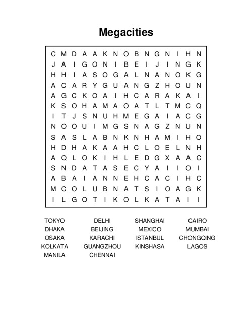 Megacities Word Search Puzzle