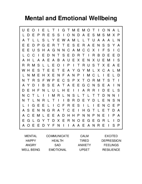 Mental and Emotional Wellbeing Word Search Puzzle