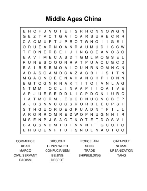 Middle Ages China Word Search Puzzle